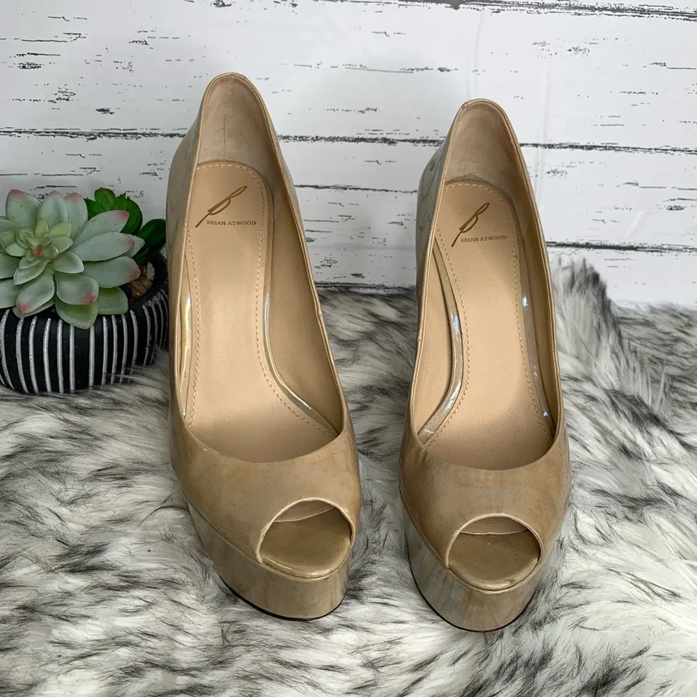 BRIAN ATWOOD Nude Designer Patent Leather Open Toe Platform Heels *AS IS*, 8